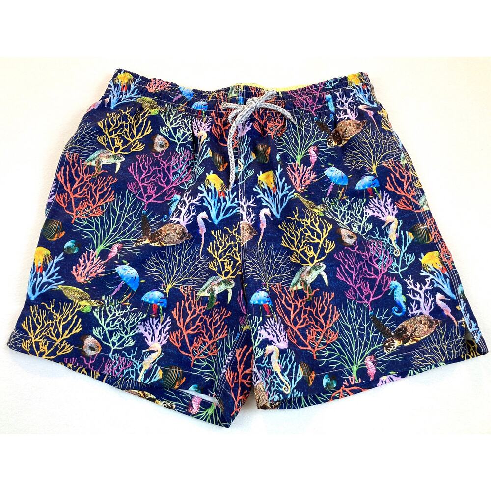 Swim Trunks Michael's Navy Coral Turtle Seahorse Fish L New